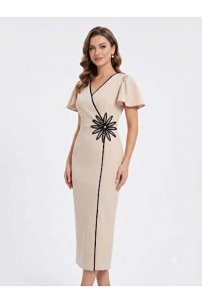 unbranded Women's Beige V-Neck Floral Appliqué Midi Bodycon Dress with Flutte...