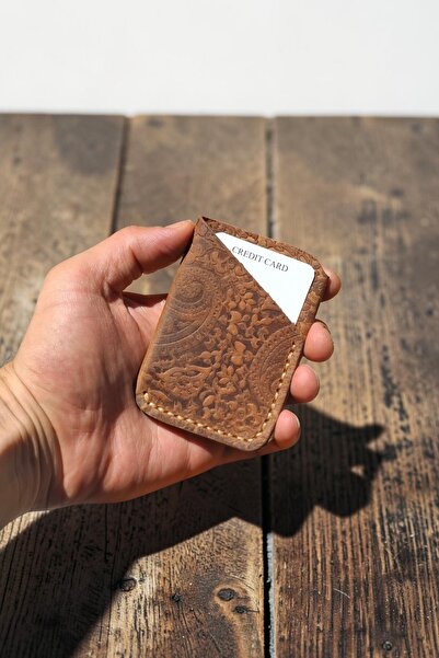 MAT Deri Tan Genuine Leather Card Holder with Shawl Pattern, Slim, Small Card...