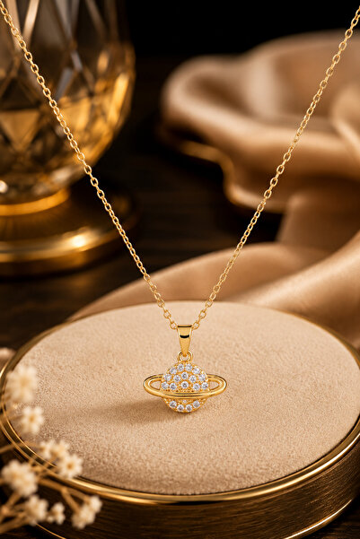 YİĞİTKARANAKSESUAR Stainless Steel Gold Color Zircon Stone Saturn Necklace