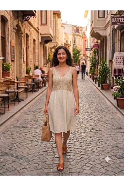AYASOFYA OTANTIK Women's Italian Beige Strappy Lace Detailed Lined Viscose Mi...
