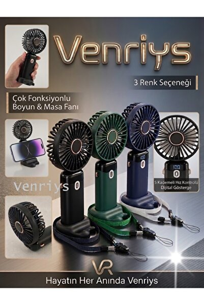 Venriys 5 Kademeli Dijital Göstergeli Type-C Şarjlı El Fanı - Boyun Askılı Ma...