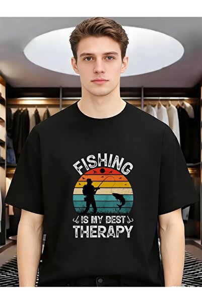 En22 Vintage Fisherman Big Fish Silhouette Men Round Neck Short Sleeve Tops F...