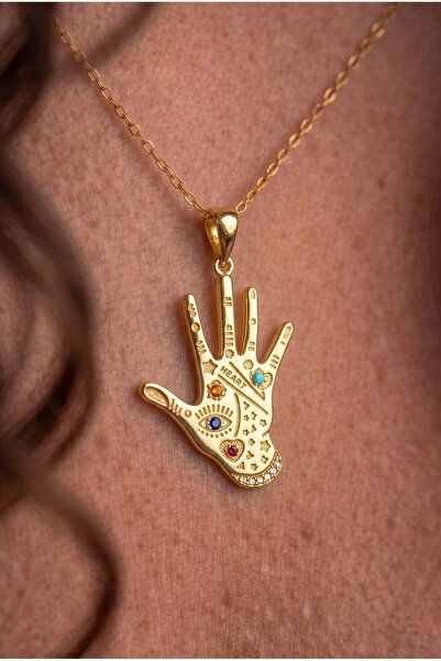 Minon Jewelry Mistik El Figürlü Renkli Taşlı Kolye - 925 Ayar Gümüş