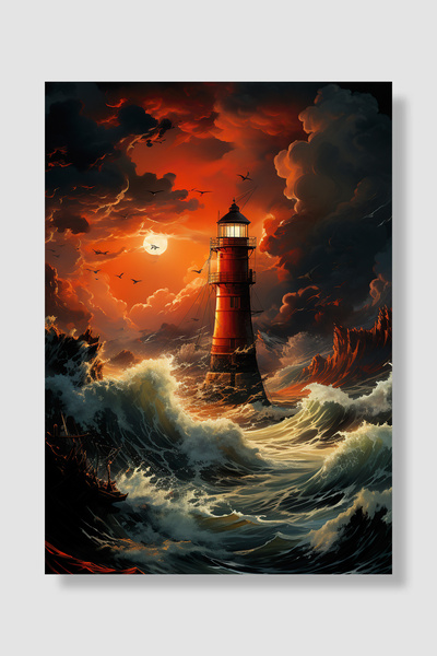 Luna Marissa Poster Farul de mare Apus de soare roșu Pescăruși de mare în fur...