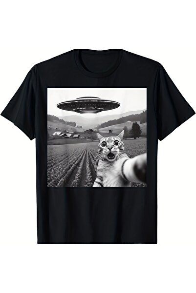 En22 Cat And UFO Cotton T-shirt Men's Black 180G