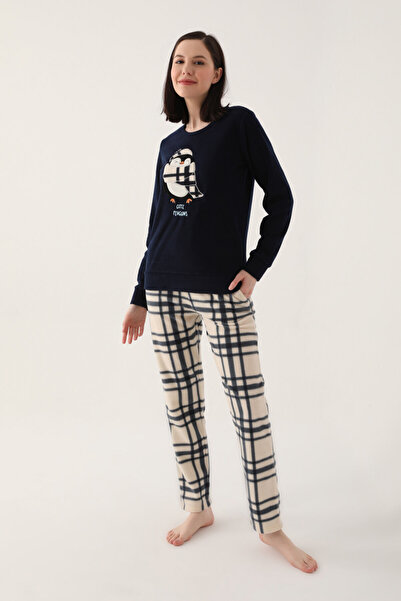 Arnetta Cute Penguins Navy Blue Women's Long Sleeve Pajamas Set
