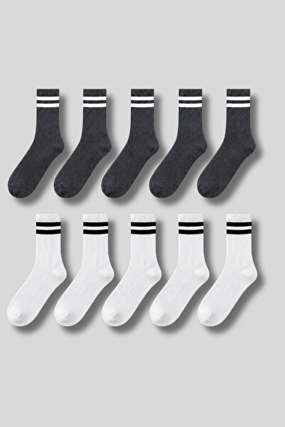 aw adawhite Men's 10-Pack Cotton Striped Tennis-Sports Socks