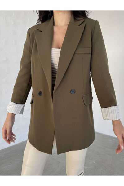 MYSUİT Blazer Ceket Kadın-Düğme Detay Çizgili İç Astar Blazer Ceket