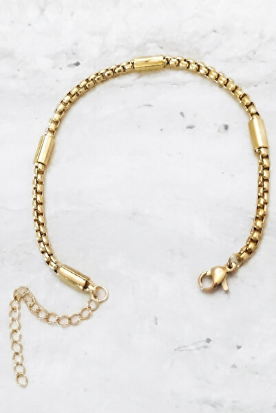 Rua Jewelry سوار سلسلة مكعبة الشكل من الفولاذ بتفاصيل أسطوانية، لون ذهبي 3 مم...