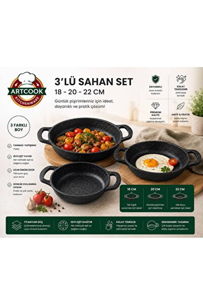 ARTCOOK SAHAN SET TİTANYUM 3 LÜ 18 cm 20 cm 22 cm