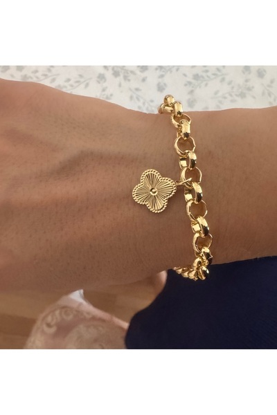 takiincim Çelik Gold Yonca Charm Kalın Zincir Kadın Bileklik