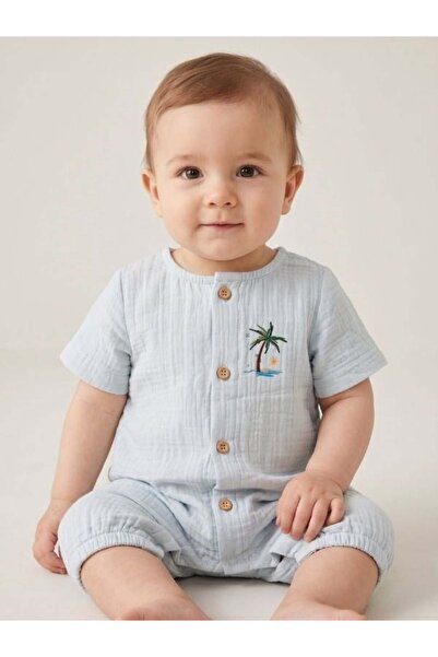 Zekids Baby Muslin Fabric Palm Tree Buttoned Shorts Jumpsuit