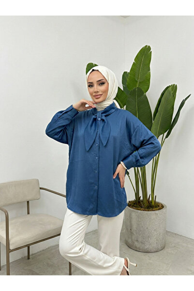 Foremia Collar Detail Satin Tunic-Petrol Blue