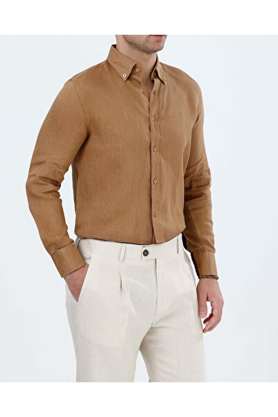 TerziAdemAltun Italian Style Slim Fit Men's Stand Collar Linen Shirt Camel T2...