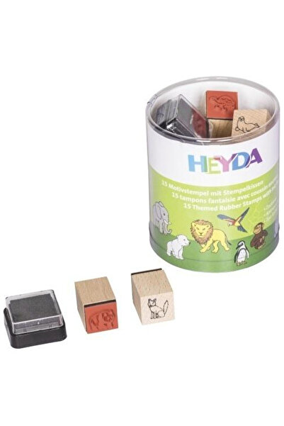 Heyda Set 15 stampile lemn Zoo multicolor 3x3cm cu tampon cerneala
