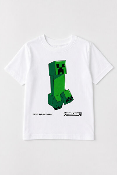 Minecraft Logo Baskılı Beyaz T-Shirt