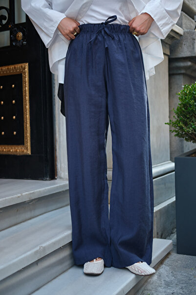 LOCCO Women's Double Pocket Elastic Waist Modal Pants with Lace Detail Navy Blue