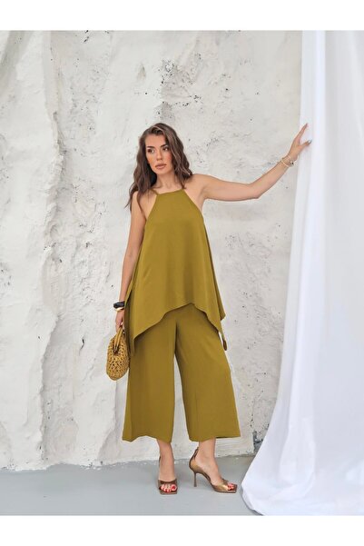 MODA Olive Ayrobin Kumaş Askılı Bluz Detaylı Tulum