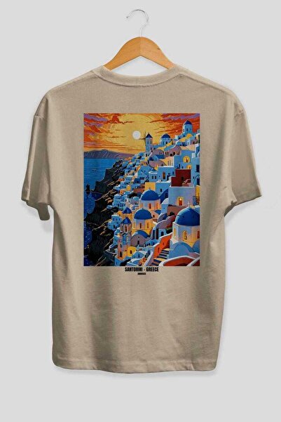 Ankhises Σαντορίνη Ελλάδα 2 Μπεζ Oversize Country City Back Printed Unisex T-...