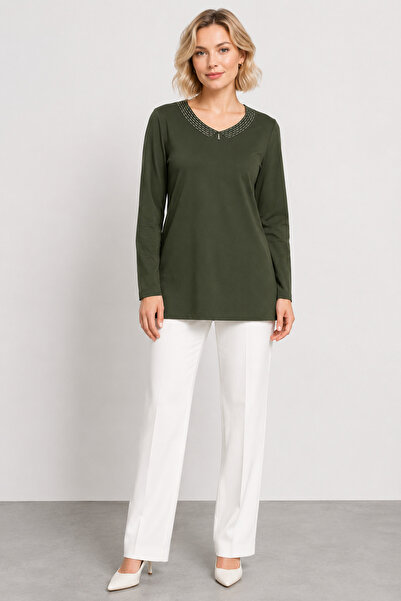 bihan store Women's Collar Stone Detailed Long Sleeve Blouse Y26-2141 - Green