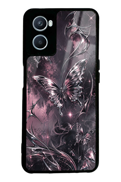 Spoyi Oppo A96 Rose Chrome Butterfly Tasarımlı Glossy Telefon Kılıfı