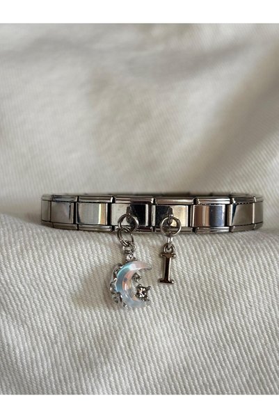 bijoux uniques Çelik ay figürlü I harfli italyan charm bileklik