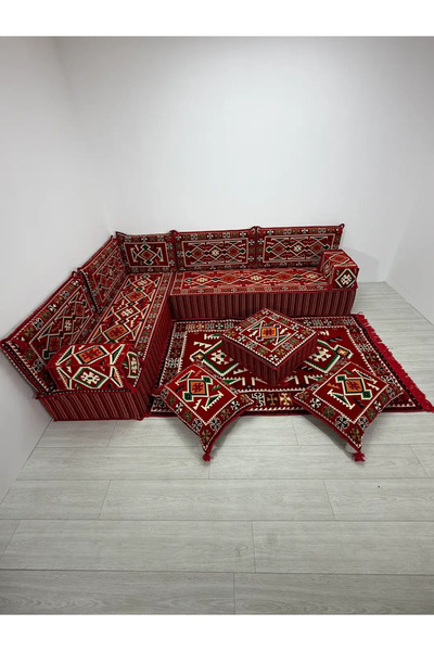 BAKIRÖZÜ HOME 30 cm Yüksek Minderli Otantik Şark Köşesi Takımı Kırmızı Anadol...