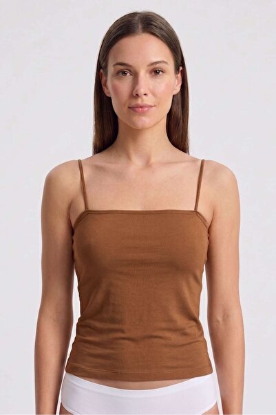 OBJE Women's Bitter Brown Lycra Cotton Strapless Tank Top with String Straps