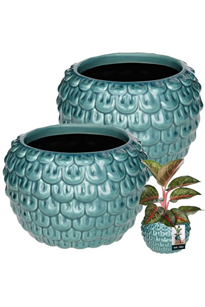 KOTARBAU 2 buc. Ghiveci artistic de flori 17 cm, turcoaz, ceramic vintage cu ...