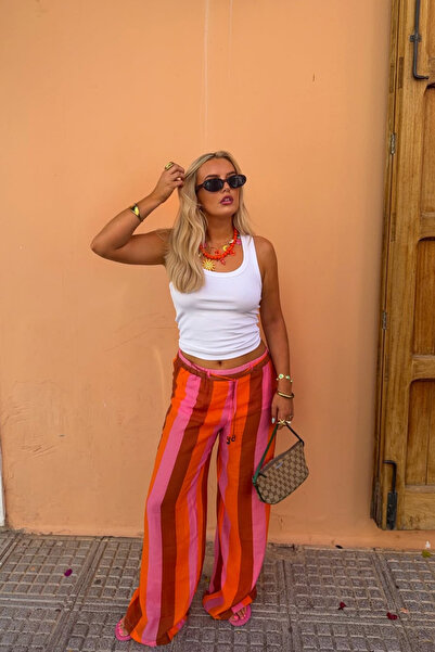 Lijuri Lace-Up Colorful Striped Wide Leg Women's Trousers 0139