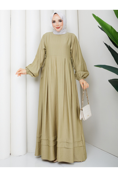 Rüyam Moda فستان من قماش الفراولة المطوي مع تفاصيل ربط جانبية