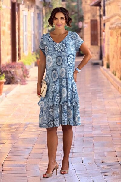 Nevin Kaya Moda Blue Italian Mandala Patterned 100% Cotton Dress