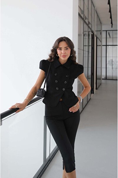 Havoş Black Double-Breasted Short Sleeve Jacket