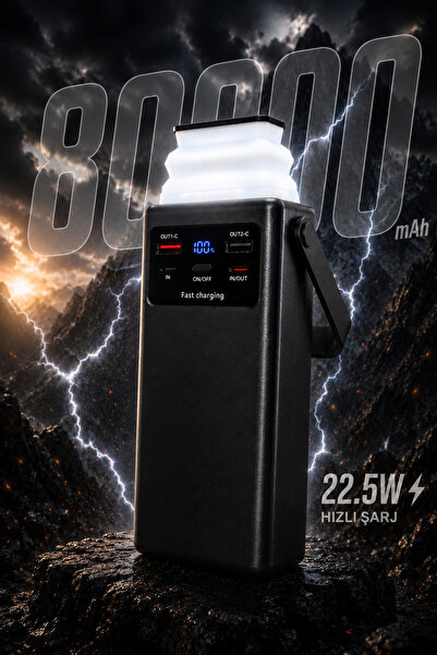 kawigo 80000mAh Powerbank Dahili Kablolu 22.5W Hızlı Şarj Taşınabilir Kamp Lambalı Powerbank LED Fener Type-C PD Power Bank Tüm Modellerle Uyumlu Powerbank
