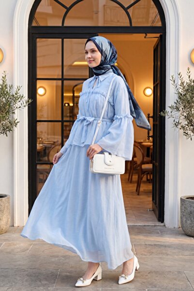 Modamorfo Tulle Voile Dress with Tie Collar, Ruffle Detail, Lining and Belt -...