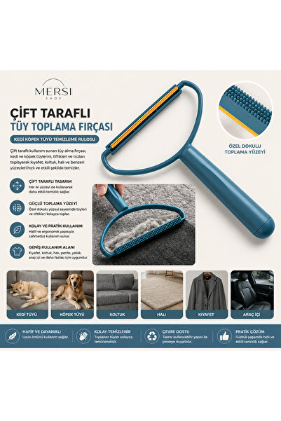 Mersi SHOP Çift Taraflı Elbise Tüy Toplama Fırçası | Kedi Köpek Tüyü Temizlem...