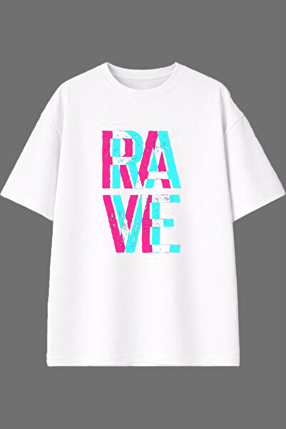 VSRN تي شيرت أبيض كبير الحجم مطبوع من الأمام بتصميم Rave Rave