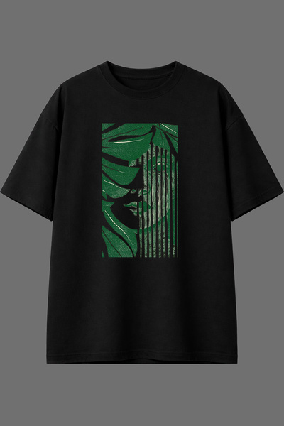 VSRN Green Women's Design Front Printed Black Oversize T-Shirt
