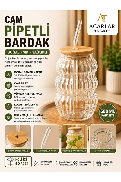 Acarlar Ticaret Bambu Kapaklı Pipetli Cam Bardak Isıya Dayanıklı Borosilikat ...