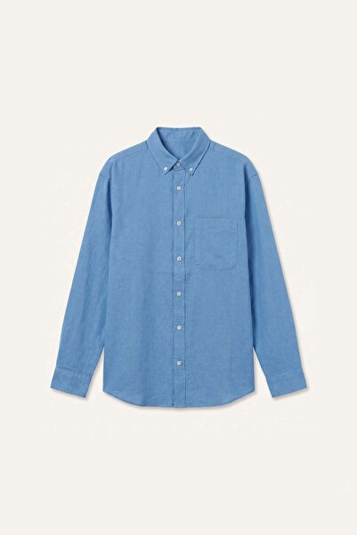 DeFacto Regular Fit Polo Collar Linen Blend Long Sleeve Blue Shirt H7879Ax26Au