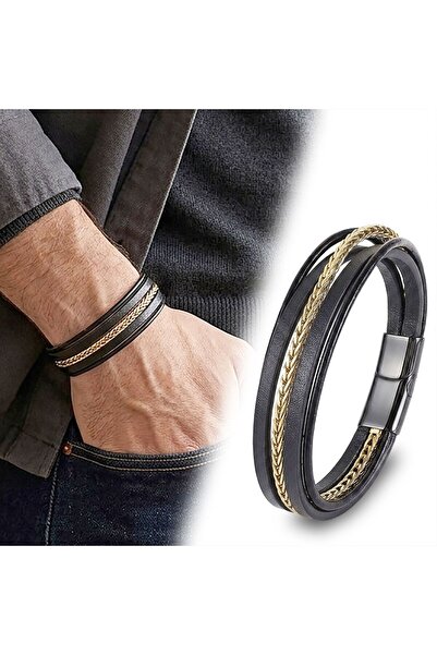 OGHAMAY Gold Steel Chain Detailed Multi-Leather Men's Steel Bracelet 18394B18D1