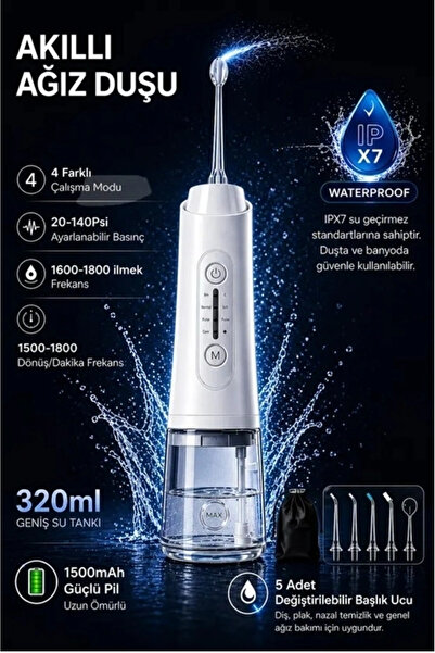 Genel Markalar Şarjlı Ağız Duşu Diş Bakım Cihazı 4 Modlu Diş Arası Temizleyici 320ml 5 Başlıklı 1500 Mah Kablosuz