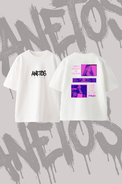 Anetos تي شيرت PinkPantheress_11 من القطن الأبيض المطبوع من الخلف بتصميم كبير...