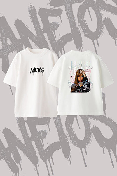 Anetos Sarkici Muzik Design Back Printed Cotton White Oversize T-Shirt