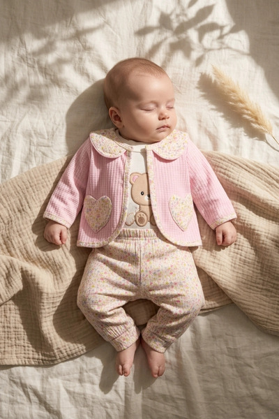 DYZSTAR Bloom Pink Floral Patterned 3-Piece Baby Girl Set - Cotton Heart Pock...