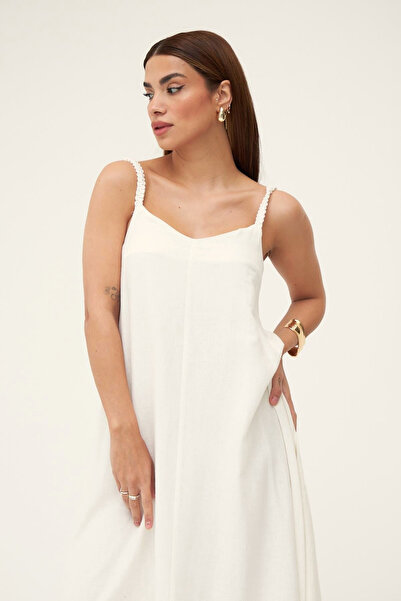 My Blog Ecru 100% Cotton Knitted Long Dress with Straps - 2Y2112