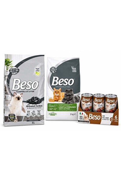 Beso Light & Sterilized Adult Cat Food 2kg + Beef Pate Wet Cat Food 6 x 400g ...