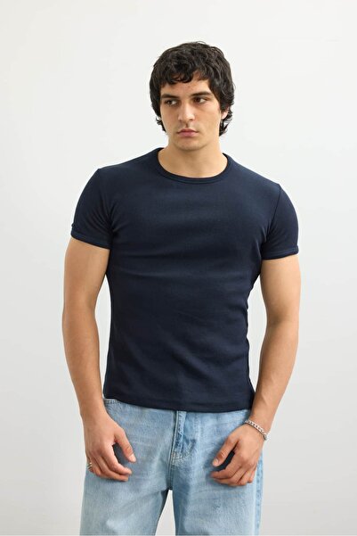 Basic Bisiklet Yaka Fitil Dokulu Crop Fit Tişört