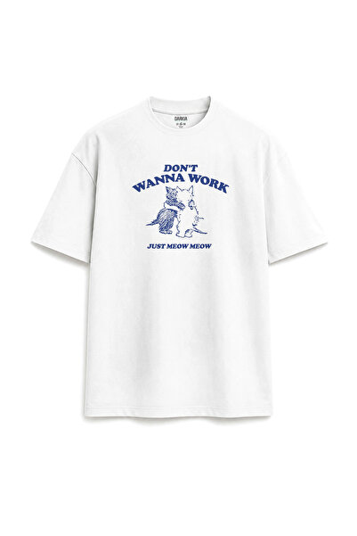 Darkia Just Meow Meow Cat Meow Navy Blue Printed Design Relax Fit White T-Shirt