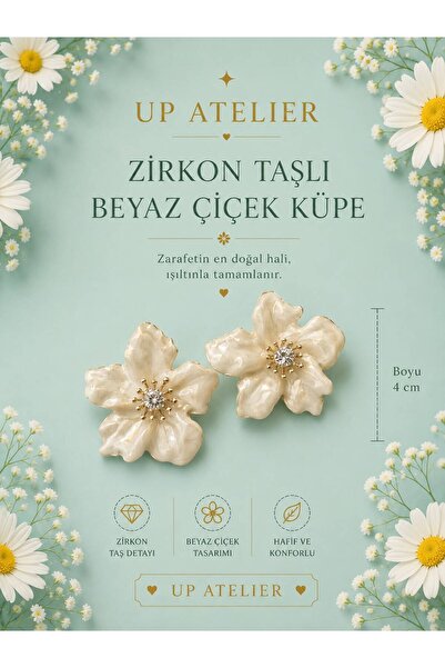 Up Atelier Zircon Stone White Pearlescent Flower Earrings